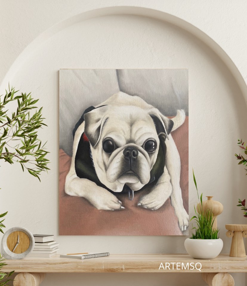 Creamos el retrato de tu mascota en base a una foto q nos proporciones q sea legible. El cuadro es en acrílico sobre lienzo en tamaño 20x30cm